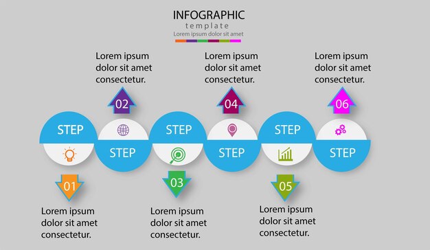 Flow chart diagram with circle elements infographic design template 6 options