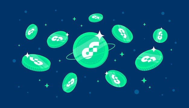 Flow coins falling from the sky Flow cryptocurrency concept banner background