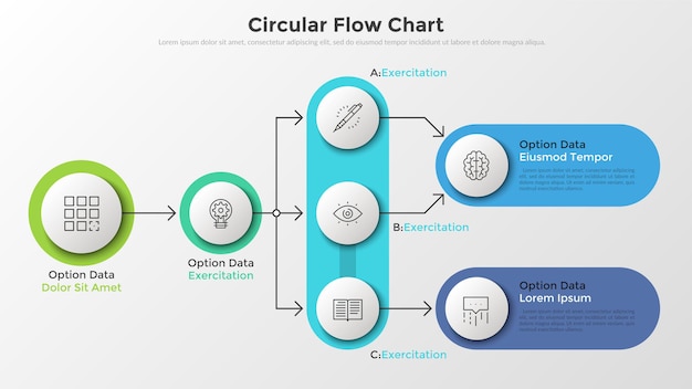 Flow diagram or workflow chart with round paper white elements connected by arrows, linear symbols and place for text. Scheme of business process. Infographic design template. Vector illustration.