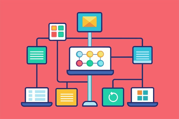 Vector a flowchart depicts various computer trends connecting different elements through colorful icons and lines computer trend flowchart icon flat illustration