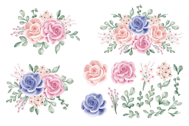 Flower arrangement rose pink blue, with flower and leaves isolated clip-art