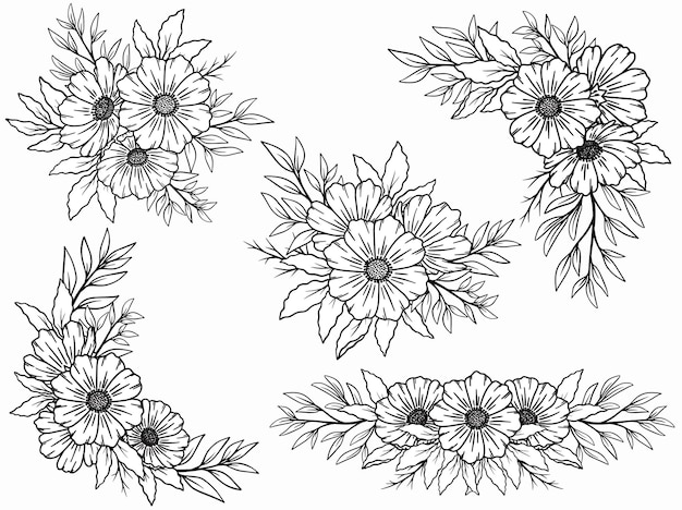 Flower arrangement with hand drawn line art