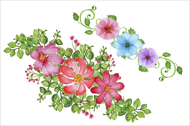 Flower arrangementsWatercolor illustrations Bouquets of multicolored flowers leaves and flowers