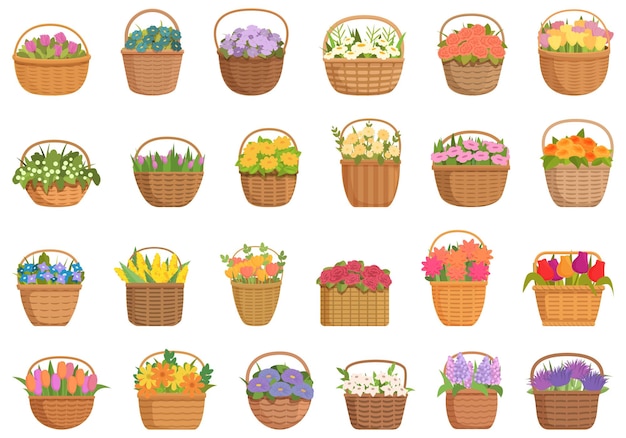 Flower basket icons set cartoon vector Summer nature