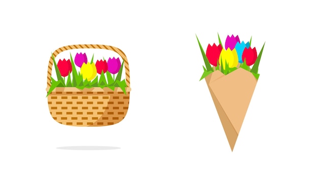 Flower basket or tulips icon or blossom bouquet in paper wrap bunch flat cartoon illustration