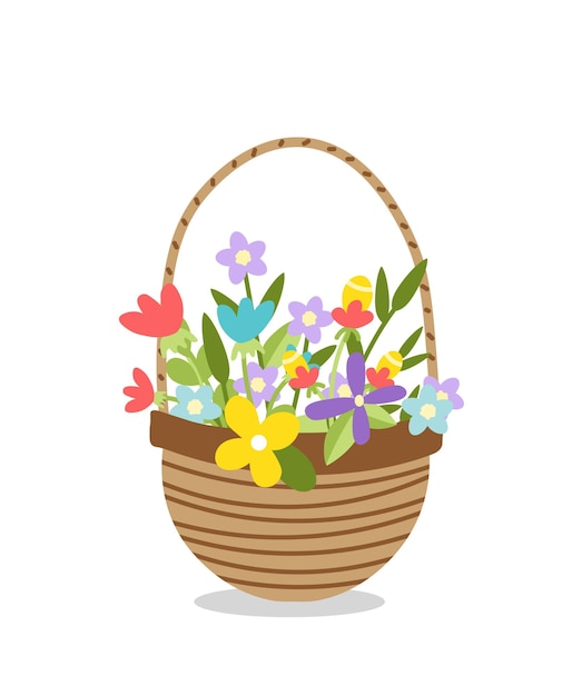 Flower basket Wicker basket of spring or summer flowers Woven colorful floral basket Flat cartoon Isolated vector stock illustration eps 10 on white