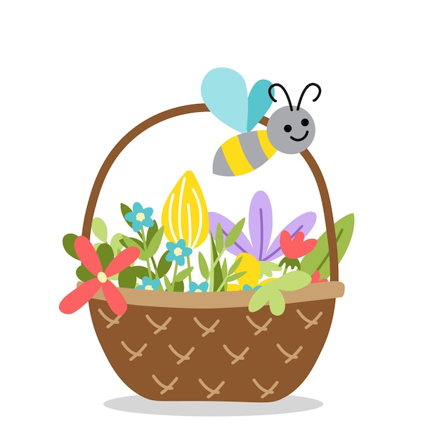 Flower basket with jolly bee and colorful flowers Spring or summer wicker floral basket Woven pannie Flat cartoon Isolated vector stock illustration eps 10 on white