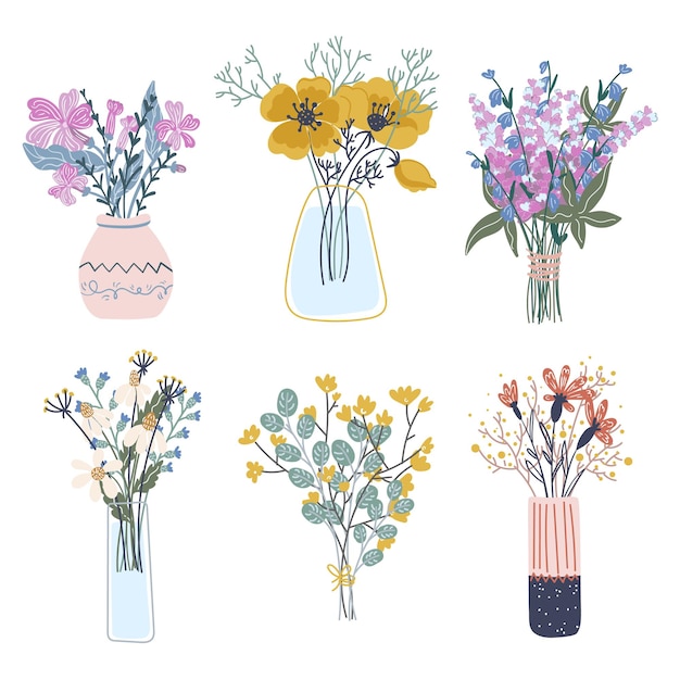 Flower bouquet Bunch of plants in vase and glass bottle collection Blooming wild and garden flower