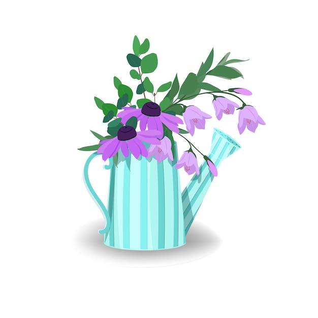 Flower bouquet in a garden watering can on a white isolated background