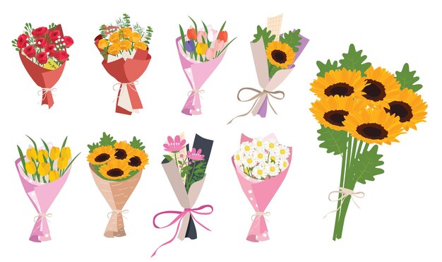 Vector flower bouquet sticker bouquet of sunflower rose tulip daisy flat vector in cartoon style