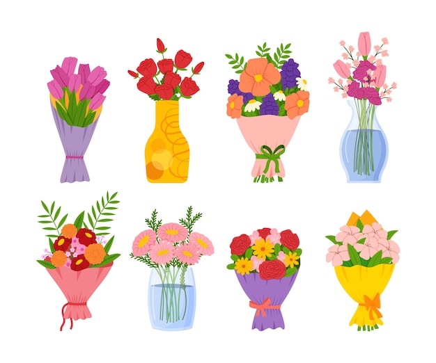 Vector flower bouquet in vase bunch of plants floral bloom garden cute decoration glass bottle with meadow tulips and peony colorful blossom gift botanical elements vector illustration utter set