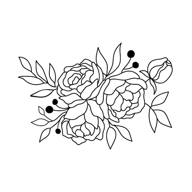 Flower bouquet with flowers and leaves in outline style Vector peonies Elegant bouquet