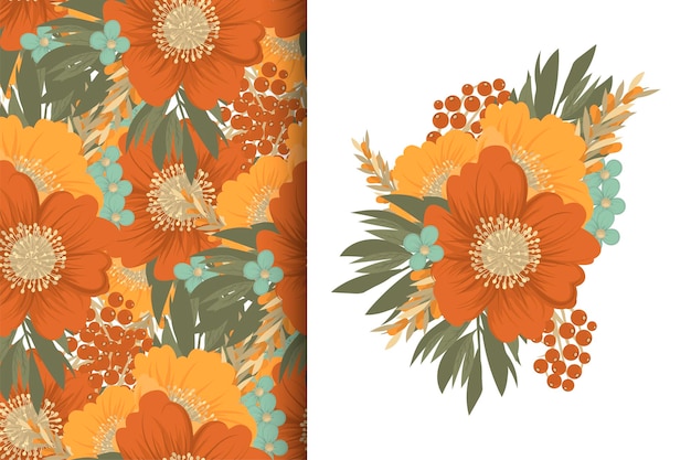 Flower bouquet with seamless pattern Floral background set