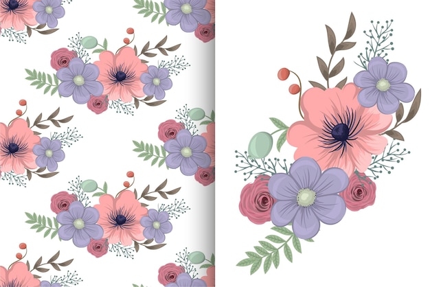 Flower bouquet with seamless pattern Floral background set