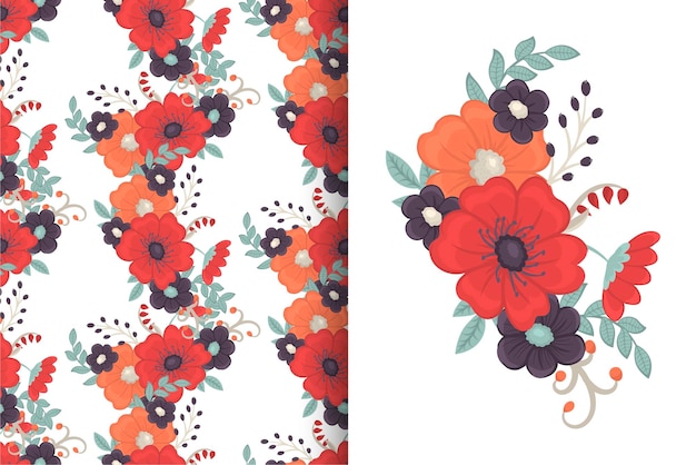 Flower bouquet with seamless pattern Floral background set