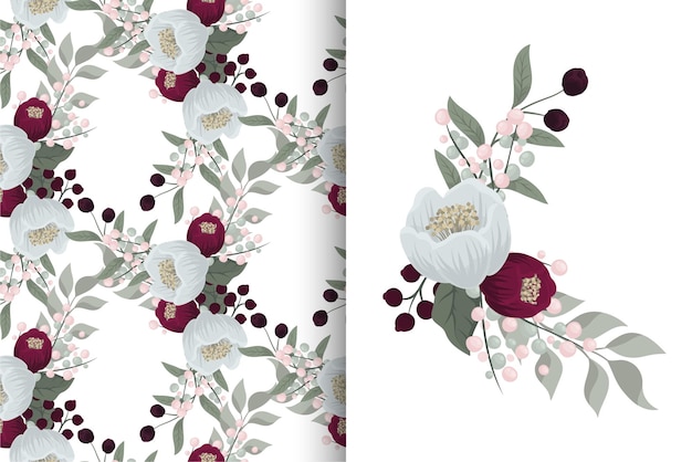 Flower bouquet with seamless pattern. Floral background set