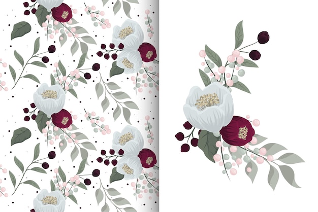 Flower bouquet with seamless pattern. Floral background set