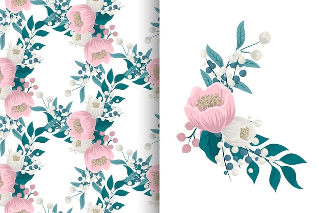 Flower bouquet with seamless pattern. Floral background set