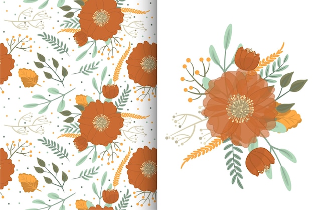 Flower bouquet with seamless pattern. Floral background set