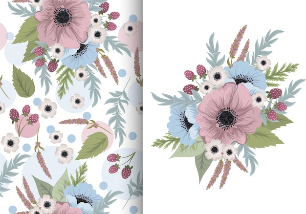 Flower bouquet with seamless pattern. Floral background set