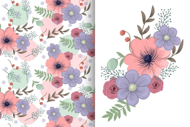 Flower bouquet with seamless pattern Floral background set