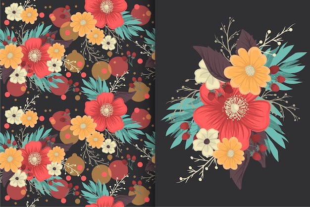 Flower bouquet with seamless pattern Floral background set