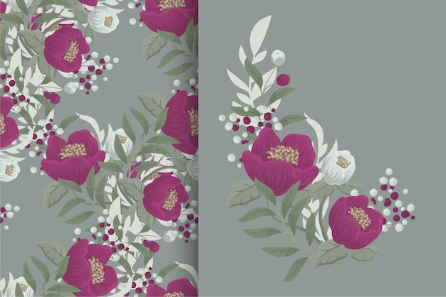 Flower bouquet with seamless pattern. Floral background set