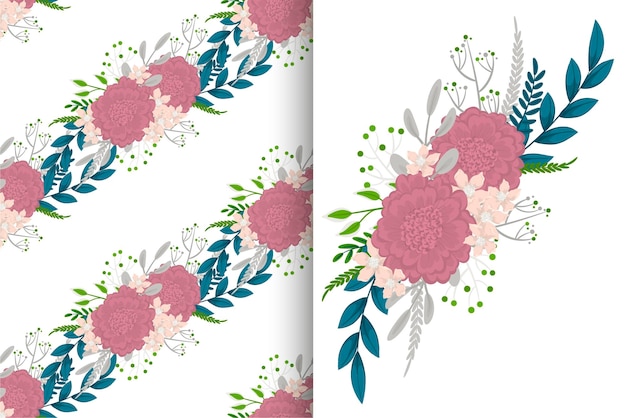 Vector flower bouquet with seamless pattern. floral background set