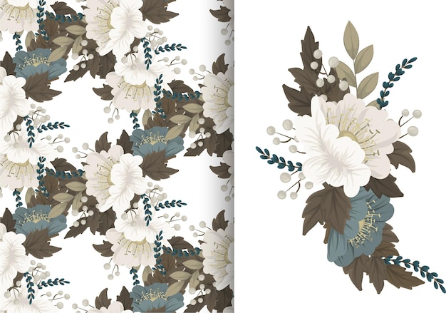 Flower bouquet with seamless pattern. Floral background set