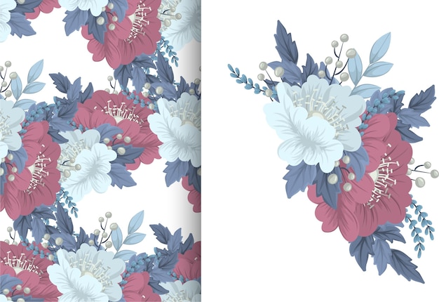 Flower bouquet with seamless pattern. Floral background set