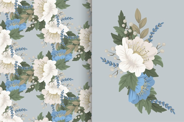 Flower bouquet with seamless pattern. Floral background set