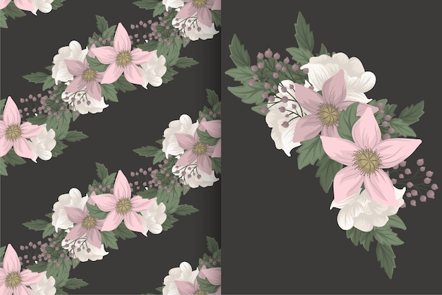 Flower bouquet with seamless pattern. Floral background set