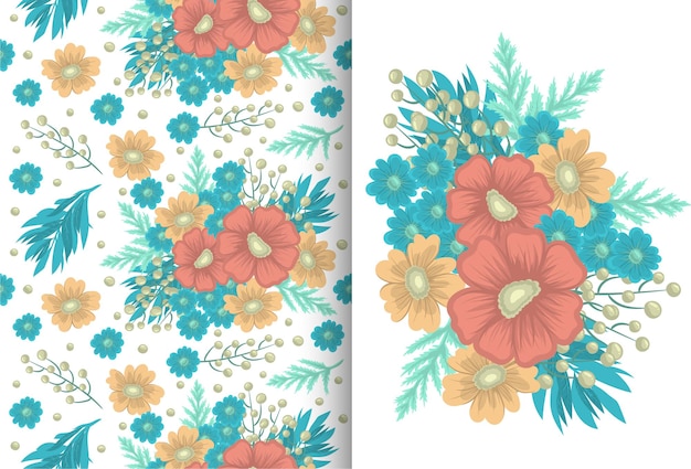 Flower bouquet with seamless pattern. Floral background set