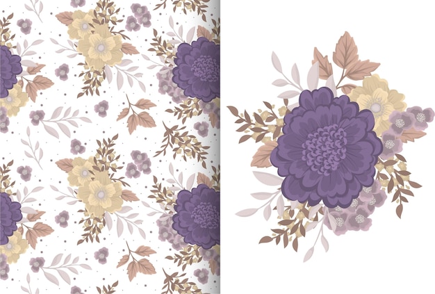 Flower bouquet with seamless pattern. Floral background set