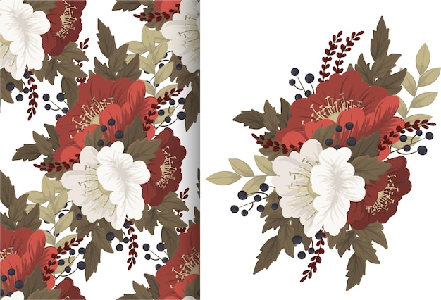 Flower bouquet with seamless pattern. Floral background set