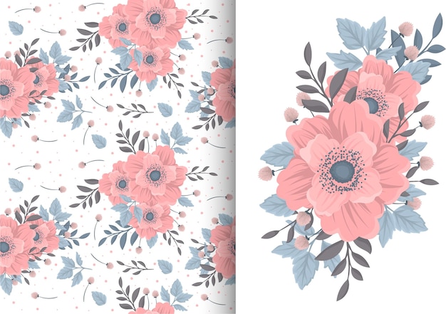 Flower bouquet with seamless pattern. Floral background set