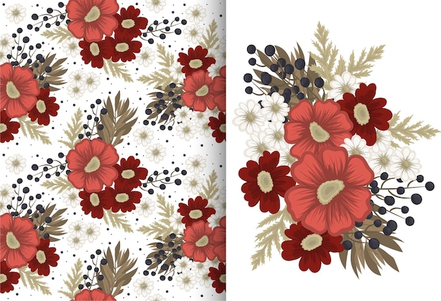 Flower bouquet with seamless pattern. Floral background set