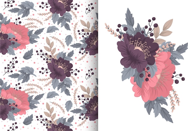 Flower bouquet with seamless pattern. Floral background set