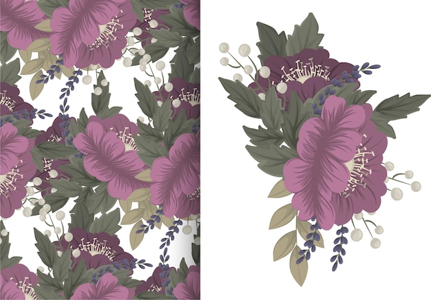 Flower bouquet with seamless pattern. Floral background set