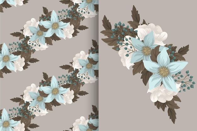 Flower bouquet with seamless pattern. Floral background set