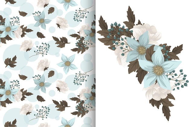 Flower bouquet with seamless pattern. Floral background set