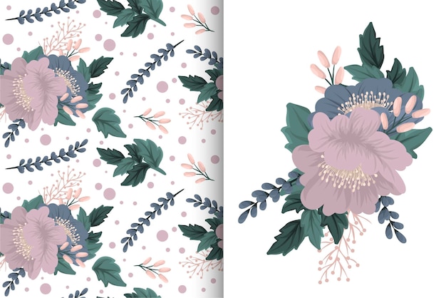 Flower bouquet with seamless pattern. Floral background set