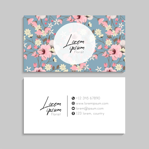 Flower business card with pink flowers on light blue