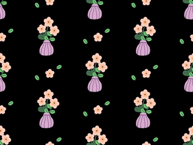 Flower cartoon character seamless pattern on black background