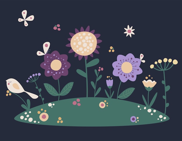 Vector flower cartoon flower bed on dark background