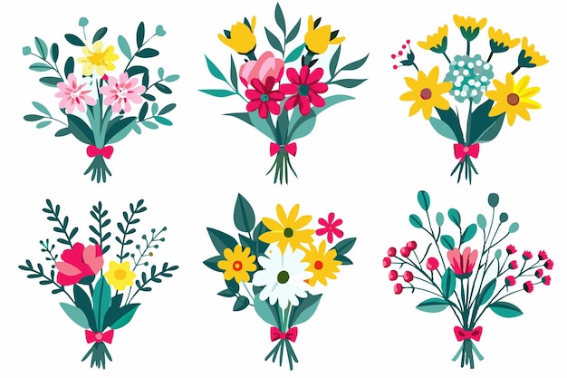 Vector flower collection with leaves floral bouquets flat illustration on white background