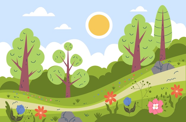 Flower field spring forest landscape tree cartoon scene nature concept