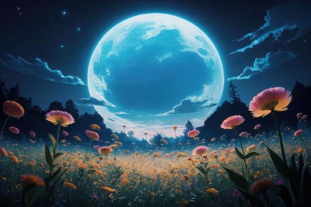 Vector a flower field with the moon and the moon in the background