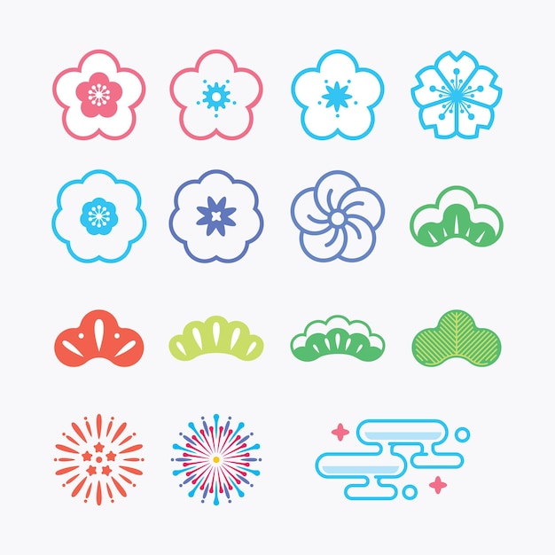 Flower and firework Icons flat Japanese kawaii style Icon vertor