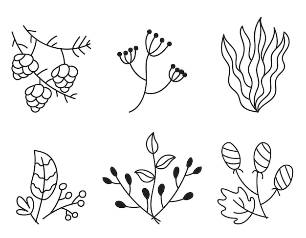 Flower floral leaf plant line art hand drawn style concept graphic design illustration set